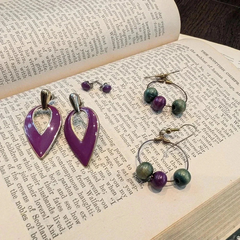 Purple and Green Earrings Set Set Of Three